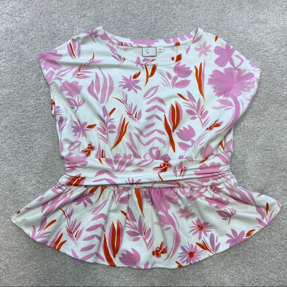Anthropologie 9-H15 STCL Women’s White Pink Floral Short Sleeve Blouse Sz Large